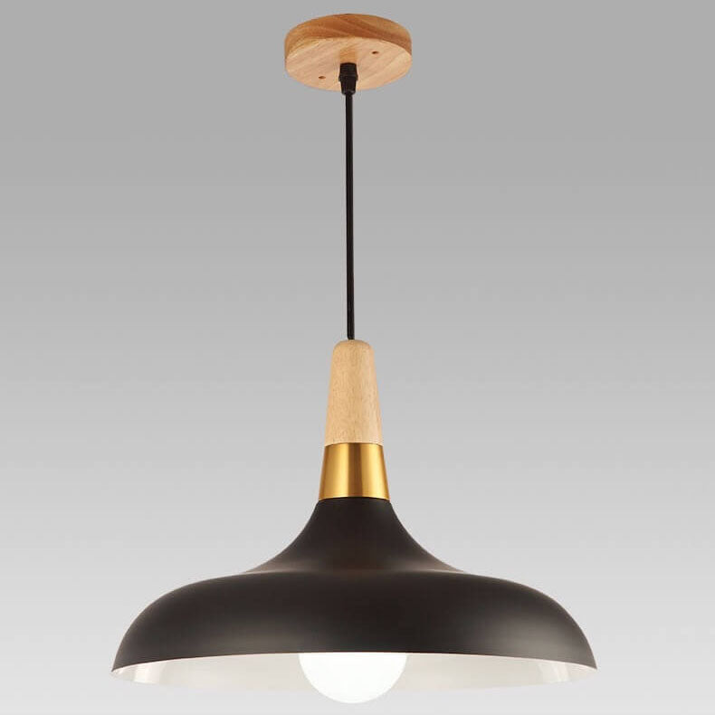 Contemporary Nordic Round Barn Iron Wood Macaron 1-Light Pendant Light For Bedroom