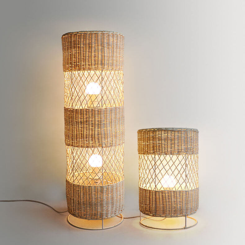 Minimalist Rattan Weaving Round Column 1/2 Light Standing Floor Lamp