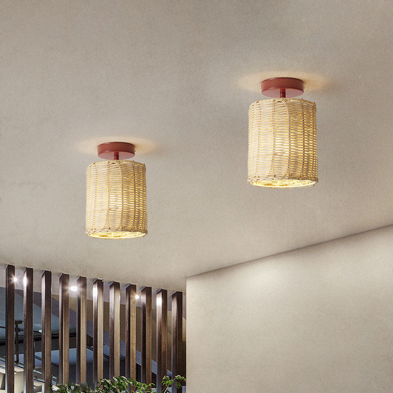 Contemporary Coastal Rattan Weaving Cylinder Shade 1-Light Semi-Flush Mount Ceiling Light For Hallway