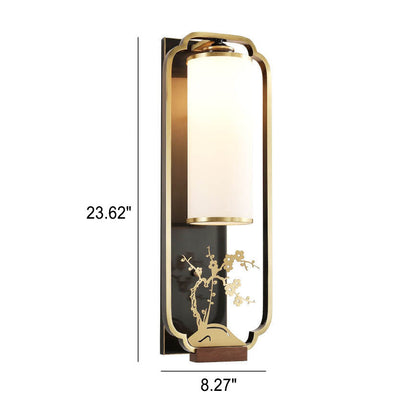 Modern New Chinese Copper Glass Column Ring 1-Light Wall Sconce Lamp