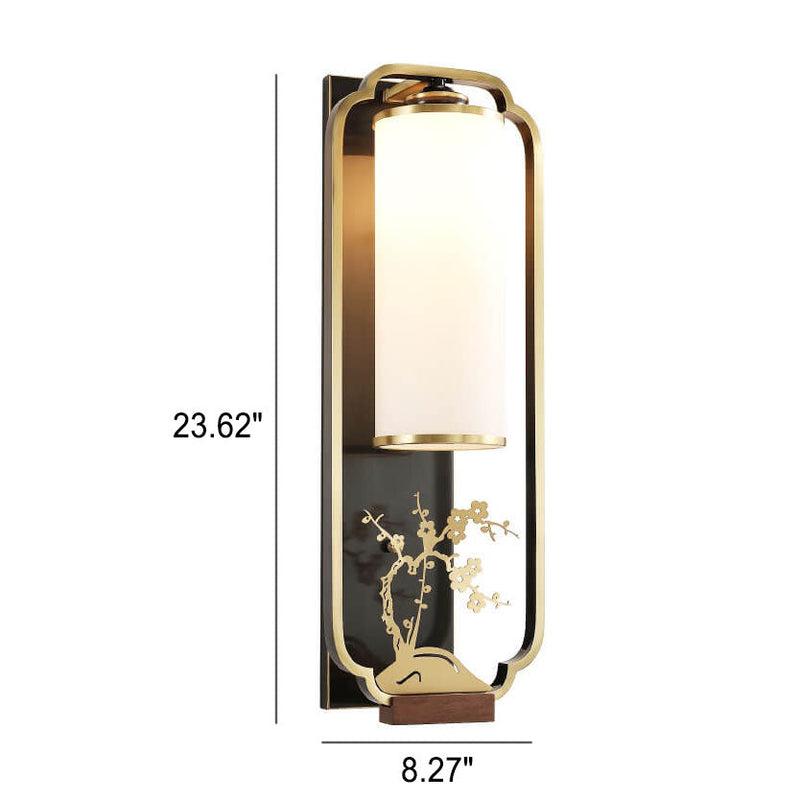 Modern New Chinese Copper Glass Column Ring 1-Light Wall Sconce Lamp