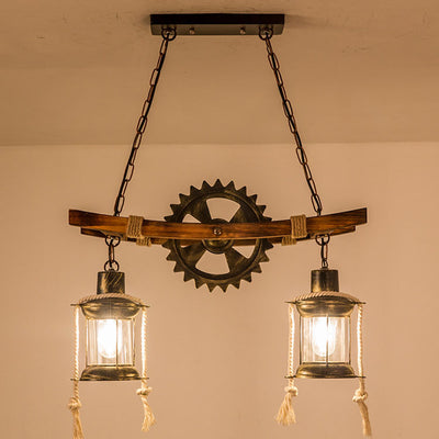 Retro Industrial Gear Iron Wooden Twine 2-Light Island Light Chandelier