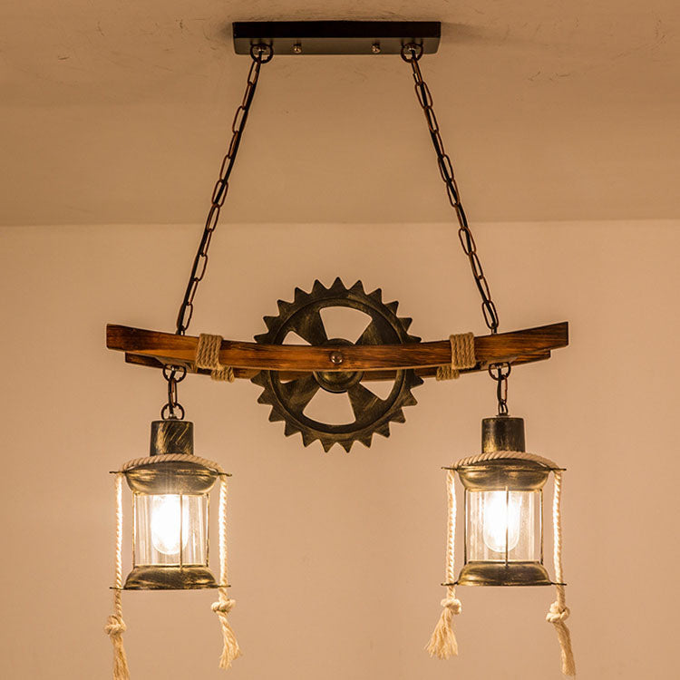 Retro Industrial Gear Iron Wooden Twine 2-Light Island Light Chandelier