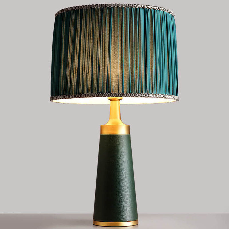 Lampe de table moderne avec abat-jour cylindrique en tissu de style transitionnel et base en cuir à 1 ampoule pour étude 