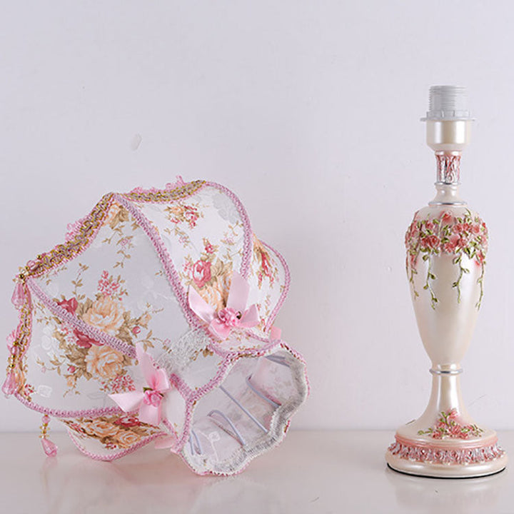 Traditional European Rose Vase Base Resin Fabric 1-Light Table Lamp For Bedroom