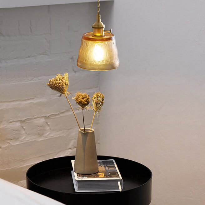 Traditionelle Vintage-Pendelleuchte aus Glas und Kupfer mit rundem Trommelschirm, 1-flammig, für das Wohnzimmer 