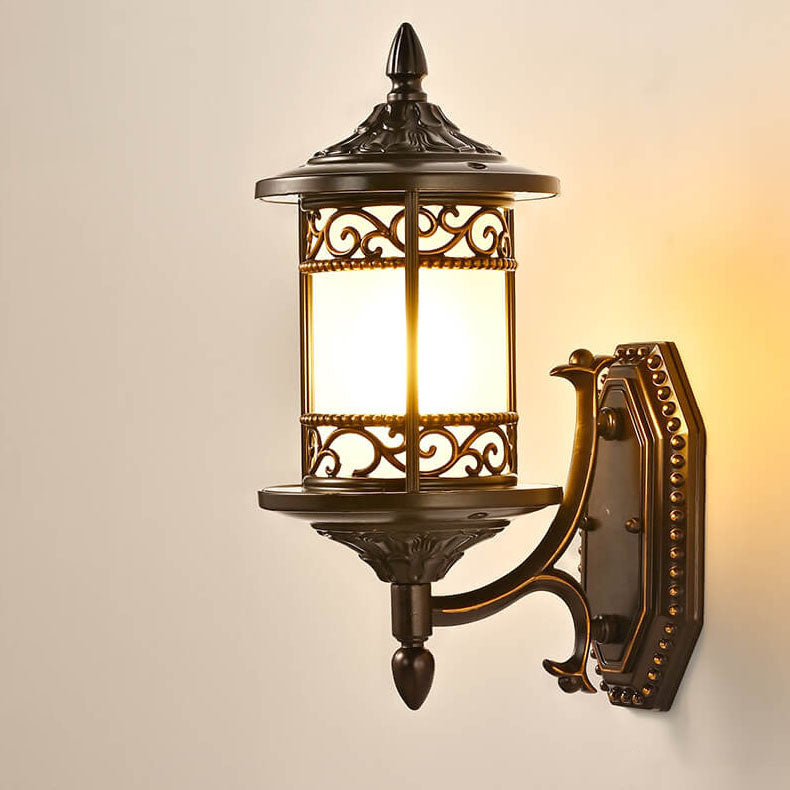 European Vintage Cylindrical Carved Outdoor Waterproof 1-Light Wall Sconce Lamp