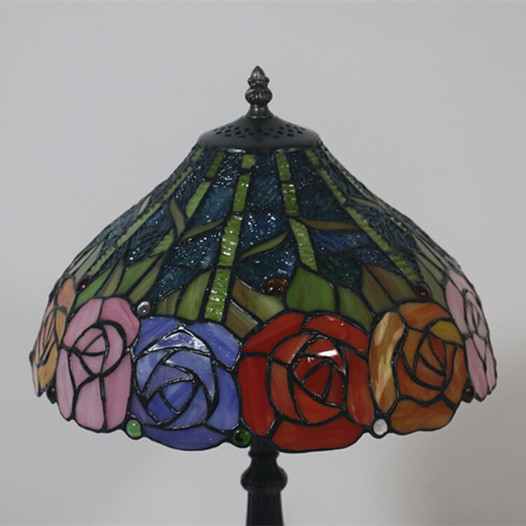 Vintage Tiffany Roses Stained Glass Cone 1-Light Table Lamp