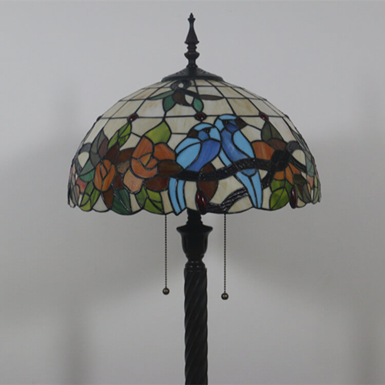 European Tiffany Magpie Flower Stained Glass Dome 2-Light Standing Floor Lamp