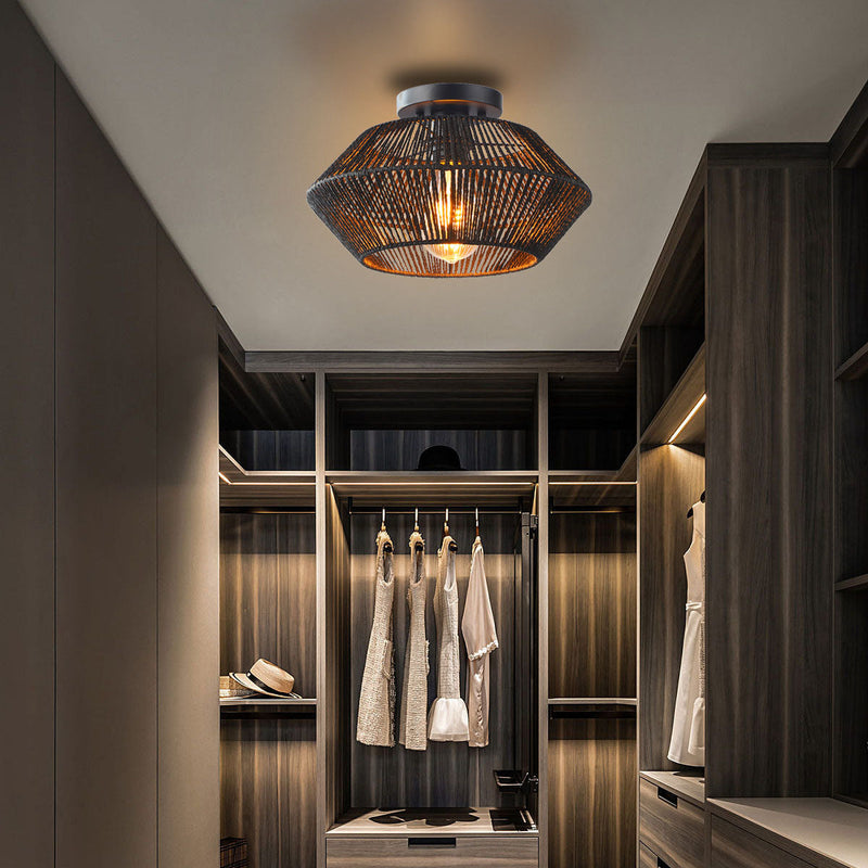 Traditionelle Bauernhaus Papier Reben Weben Käfig 1-Licht Halb Flush Mount Deckenleuchte 