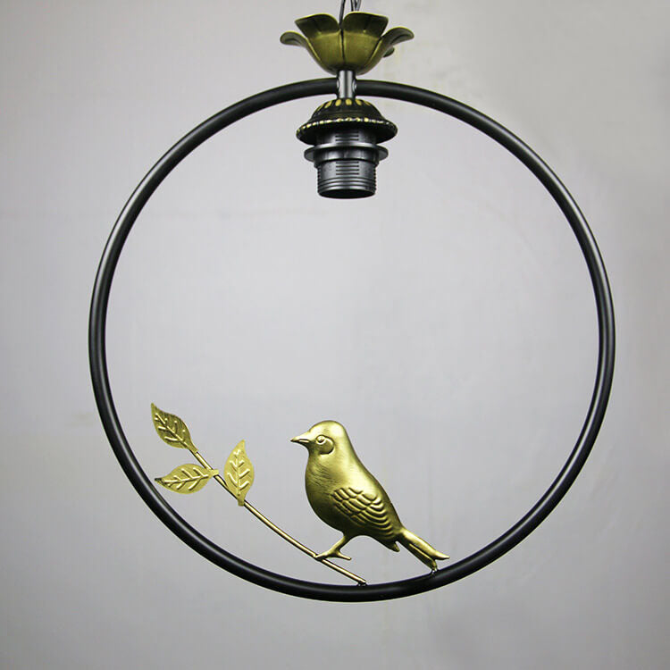 Vintage Tiffany Round Iron Stained Glass Bird 1-Light Pendant Light