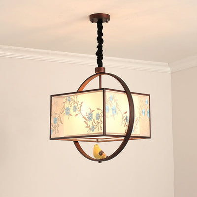 Chinese Zen Magnolia Embroidered Bird Fabric Shade 3-Light Chandelier