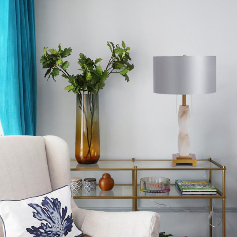Moderne Luxus Zylinder Runde Metall Marmor Stoff 1-Licht Tischlampe für Schlafzimmer 