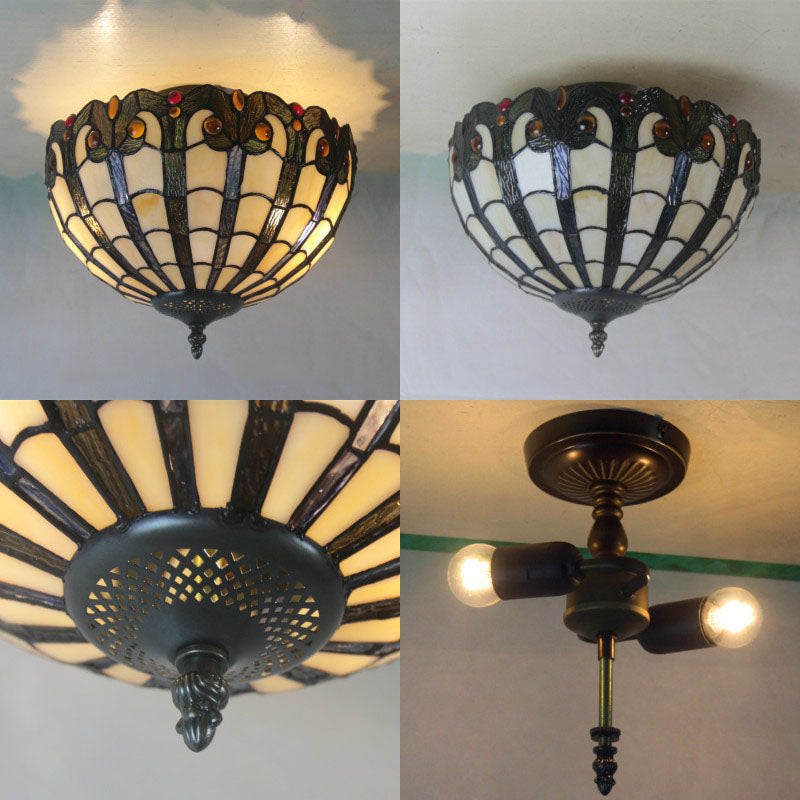 Luz de montaje empotrado de 2 luces de vidrio de hierro Tiffany vintage europeo 