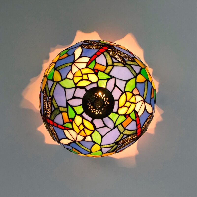 Tiffany Dragonfly Flower Stained Glass Bowl 2-Light Flush Mount Ceiling Light