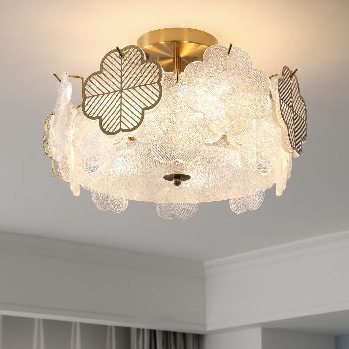Traditional French Floral Glass Round Hardware 5/8 Light Semi-Flush Mount Ceiling Light for Living Room