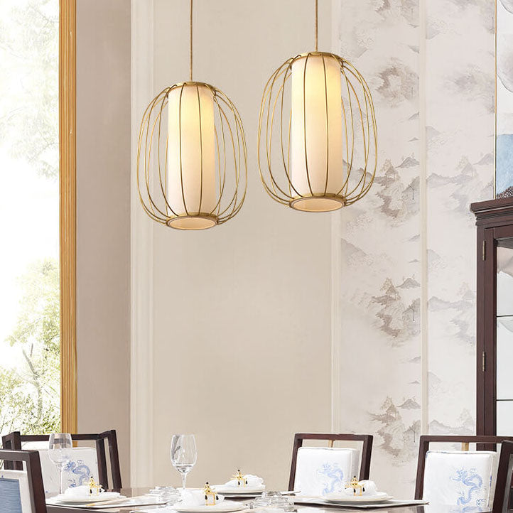 New Chinese Style Full Copper Lantern Design Fabric Lampshade 1-Light Pendant Light