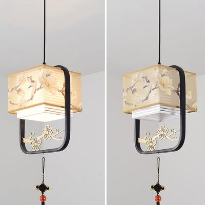 Modern Chinese Fabric Square Magnolia 1-Light Semi-Flush Mount Ceiling Light
