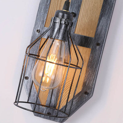 Vintage Industrial Wooden Roller Skating Iron Cone Cage 1-Light Wall Sconce Lamp