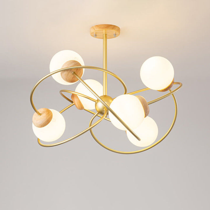Moderner minimalistischer Orb Rubberwood Glas 4/6-Licht Insel Licht Kronleuchter 