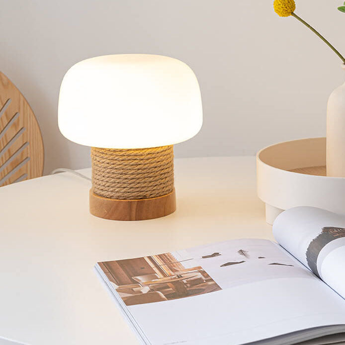 Lampe de table Vintage Crème Champignon Verre Ficelle Chêne 1 lumière 