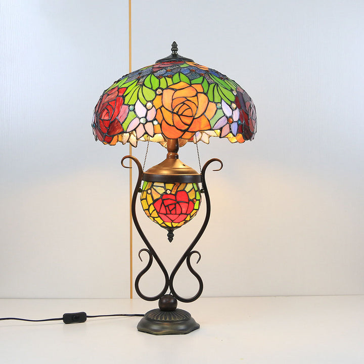 Traditional Tiffany Floral Stained Glass Iron Resin Round Pot 3-Light Table Lamp For Bedroom