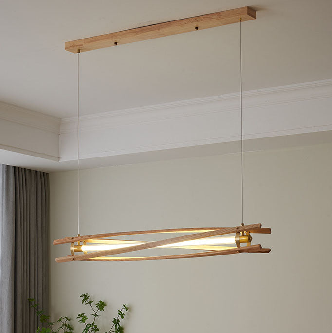 Lámpara colgante lineal LED para isla de estilo japonés tradicional, de columna larga tipo tronco, en madera de fresno y latón, para comedor 