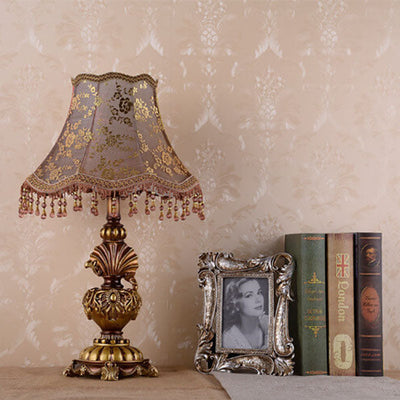 European Vintage Fabric Tassel Resin Court 1-Light Table Lamp