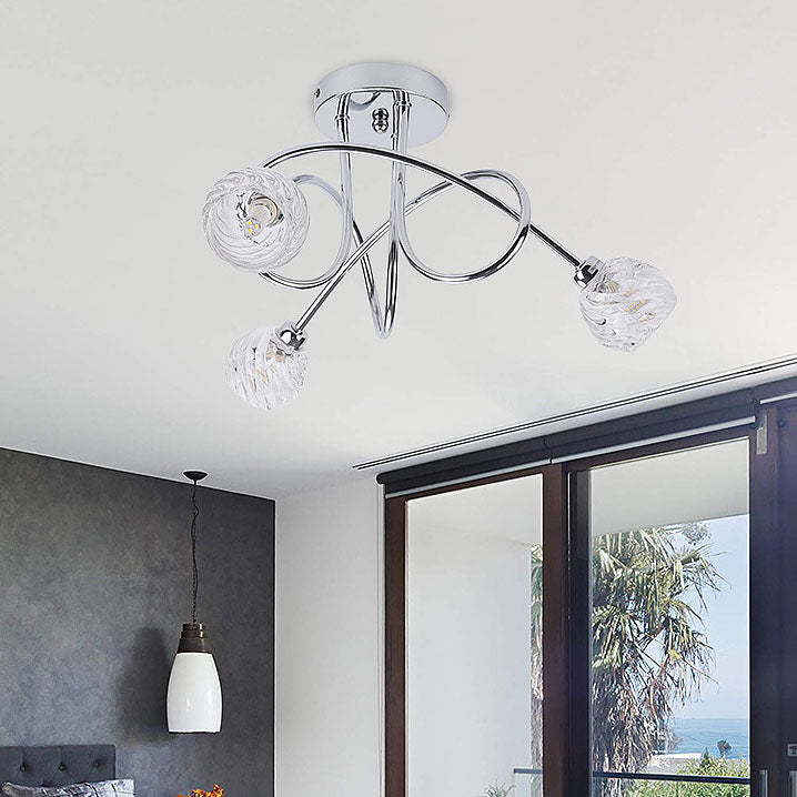 Modern Luxury Iron Glass Twisted Lines Curved 3-Light Semi- Flush Mount Ceiling Light for Living Room