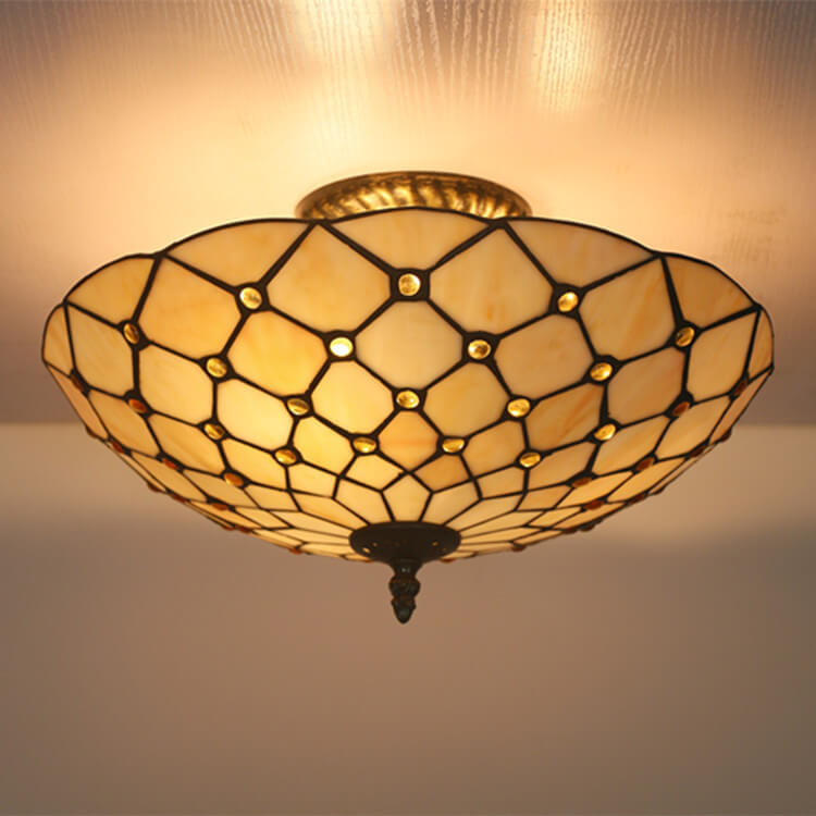 Tiffany European Sunflower Stained Glass Bowl 3-Light Flush Mount Ceiling Light