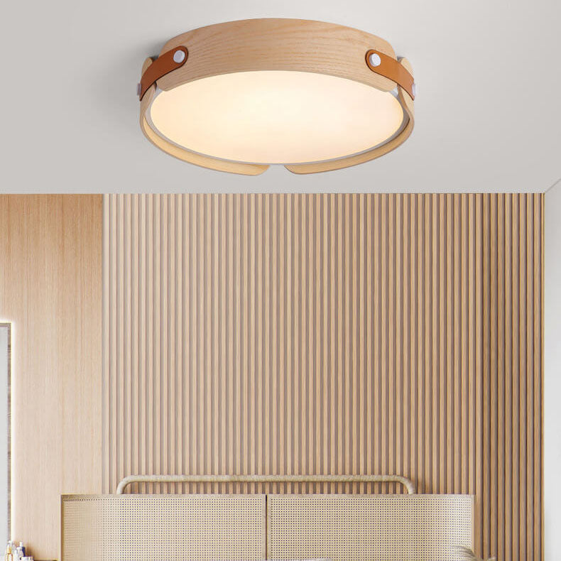 Modern Minimalist Solid Wood Round Leather Design LED Flush Mount Ceiling Light