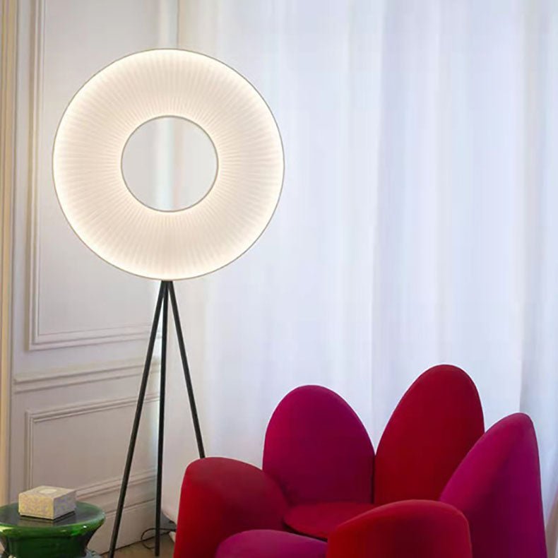 Contemporary Nordic Pleated Fabric Circle Ring Shade Iron Base LED Standing Floor Lamp For Living Room