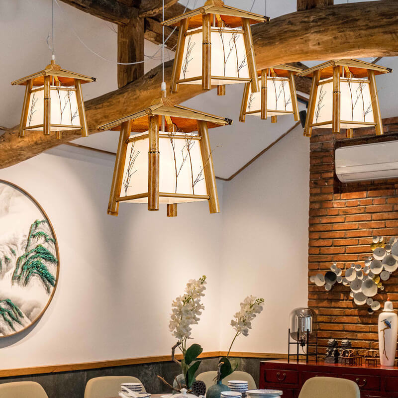 Traditional Japanese Bamboo Weaving Metal 1-Light Pendant Light For Dining Room