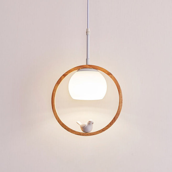 Moderne nordische Pendelleuchte mit Glas, Kautschukholz-Ring und Vogel-Design, 1-flammig, für das Wohnzimmer 