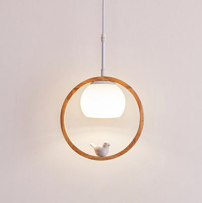 Nordic Minimalist Glass Wood Ring Bird Design 1-Light Pendant Light
