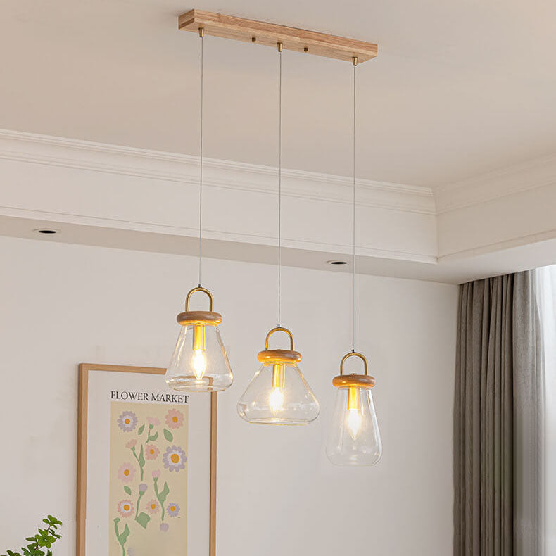 Moderne nordische runde Inselleuchte aus Glas und Holz mit 1/3-flammigem Kronleuchter-Design für das Wohnzimmer 