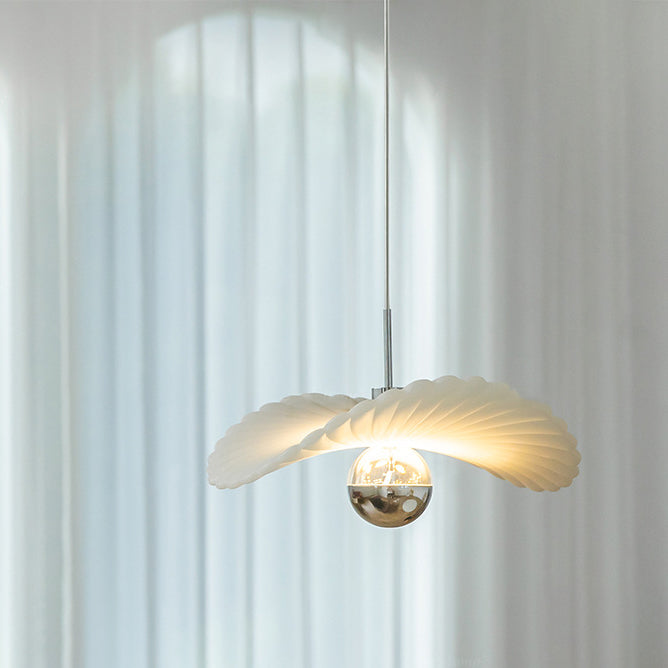 Modern Art Deco Cream Pleated Lotus Leaf Resin Shade LED Pendant Light For Living Room