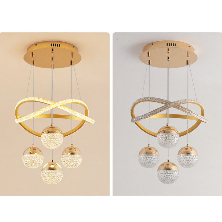 Moderner luxuriöser LED-Kronleuchter aus Acryl und Eisen mit Kugeln und geschwungener Form für das Wohnzimmer 