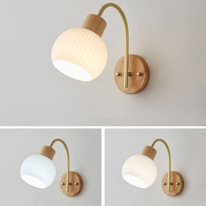 Zeitgenössische nordische 1-flammige Wandleuchte aus Acryl, Holz und Eisen mit Kugel- und Streifendesign für das Wohnzimmer 