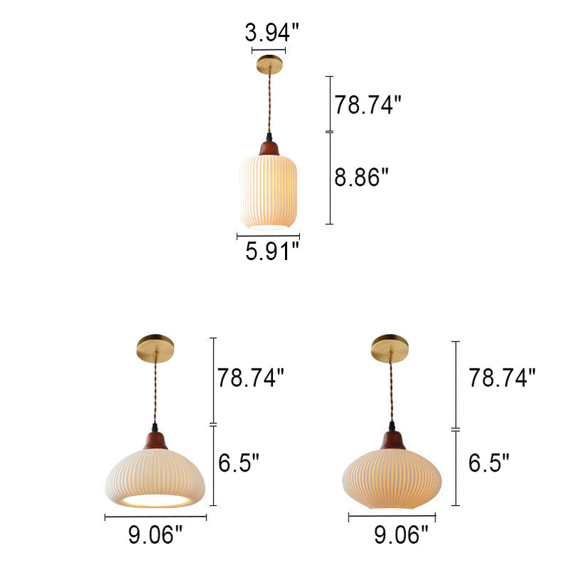 Japanese Vintage Pleated Ceramic Round Dome Wood 1-Light Pendant Light
