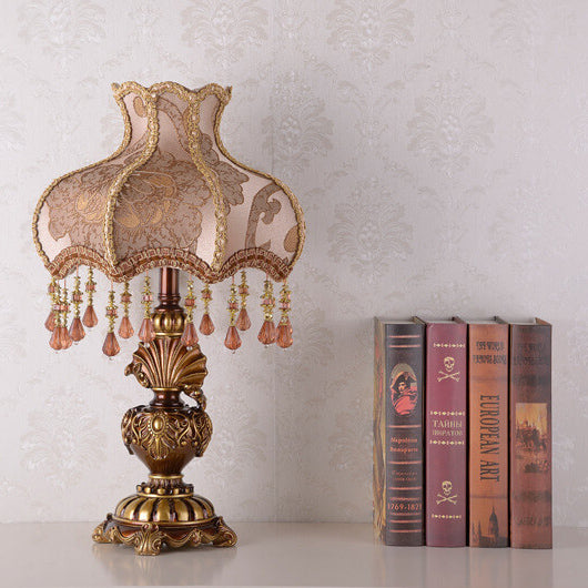 European Vintage Peach Fabric Tassel 1-Light Palace Table Lamp