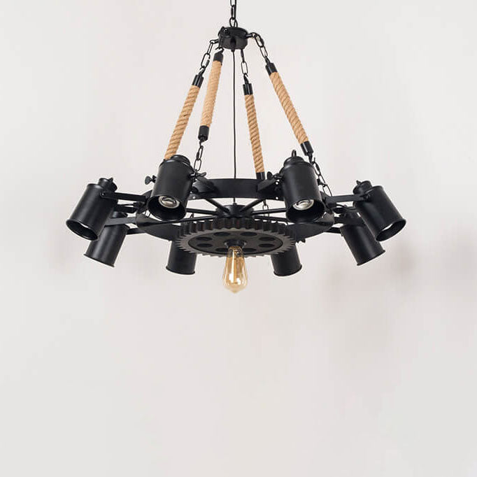Zeitgenössischer industrieller Retro-Kronleuchter aus Schmiedeeisen und Hanfseil im Zahnrad-Design mit 7/9/11 Flammen für das Wohnzimmer 
