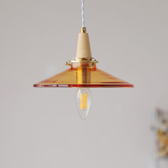 Lustre suspendu vintage en verre orange avec cône et bois massif à 1 ampoule 