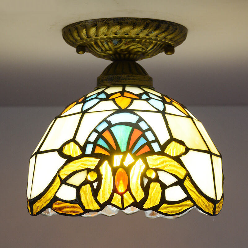 European Tiffany Stained Glass Flower Round 1-Light Semi-Flush Mount Ceiling Light