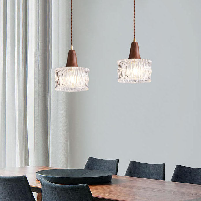 Nordic Vintage Glass Drum Jar Walnut Brass 1-Light Pendant Light