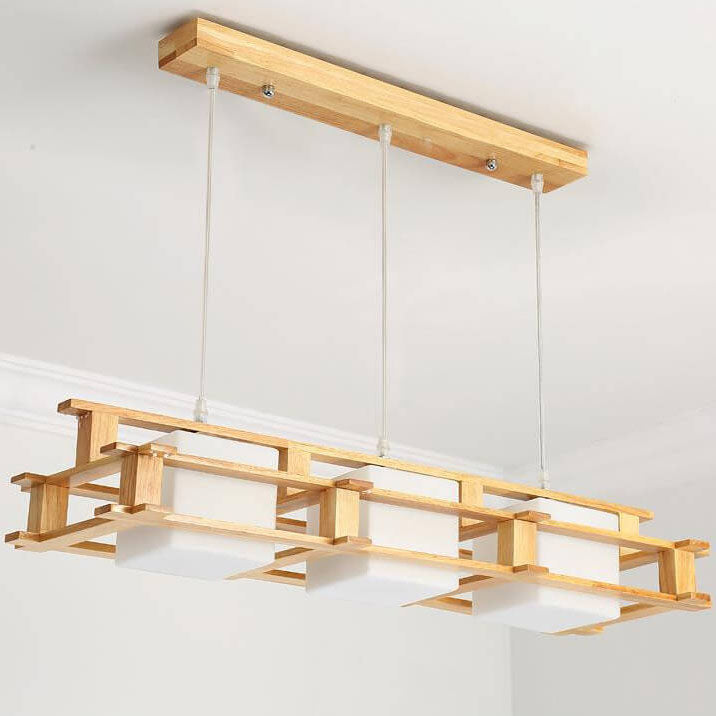 Japanese Simple Log Square Glass Wooden Frame 1/3 Light Chandelier