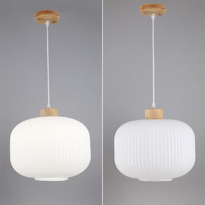 Japanese Minimalist Striped Glass Oval Jar Solid Wood 1-Light Pendant Light