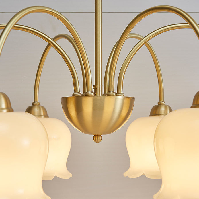 Lámpara de araña de vidrio de cobre con diseño floral crema tradicional francesa de 5/6/8 luces para sala de estar 