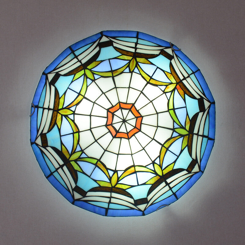 European Stained Glass Tiffany Round Various Pattern Designs 3-Light Flush Mount Light