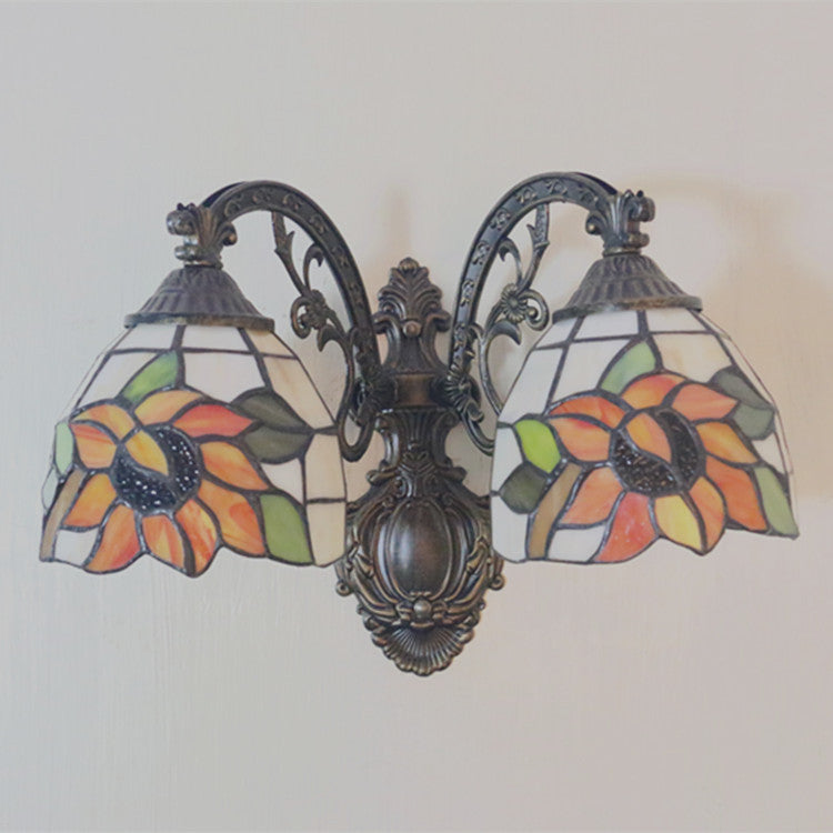 Vintage Tiffany Dome Stained Glass 2-Light Wall Sconce Lamp